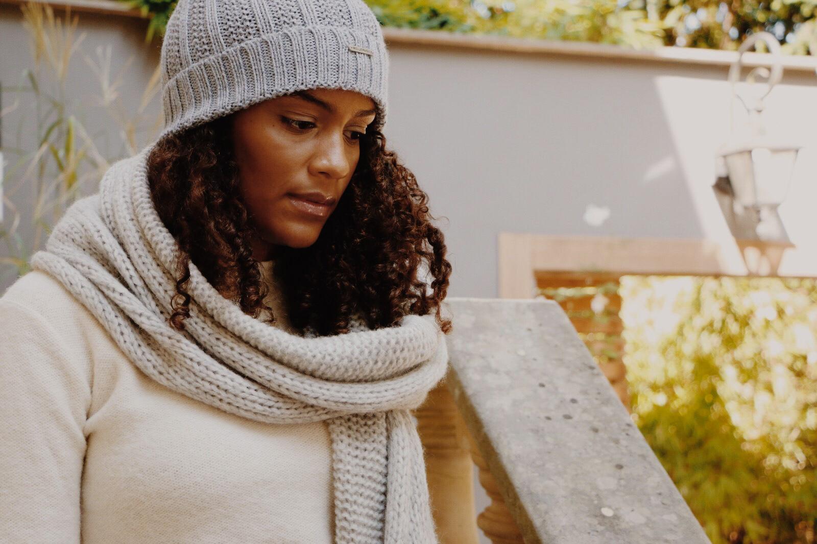 Ensemble bonnet écharpe chaud gris femme